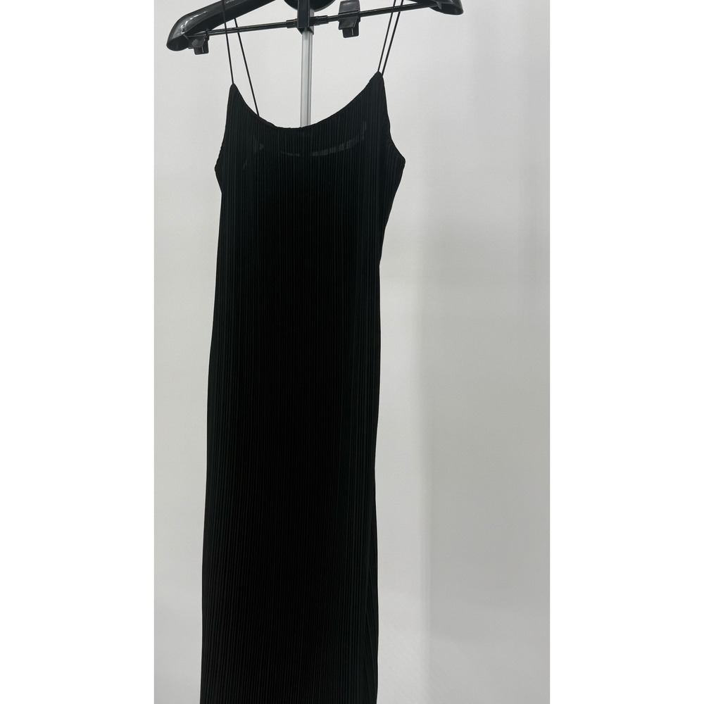 Good American Black Pleated Slip Midi Dress Spaghetti Strap Size 2 Chic Cocktail - Picture 3 of 7